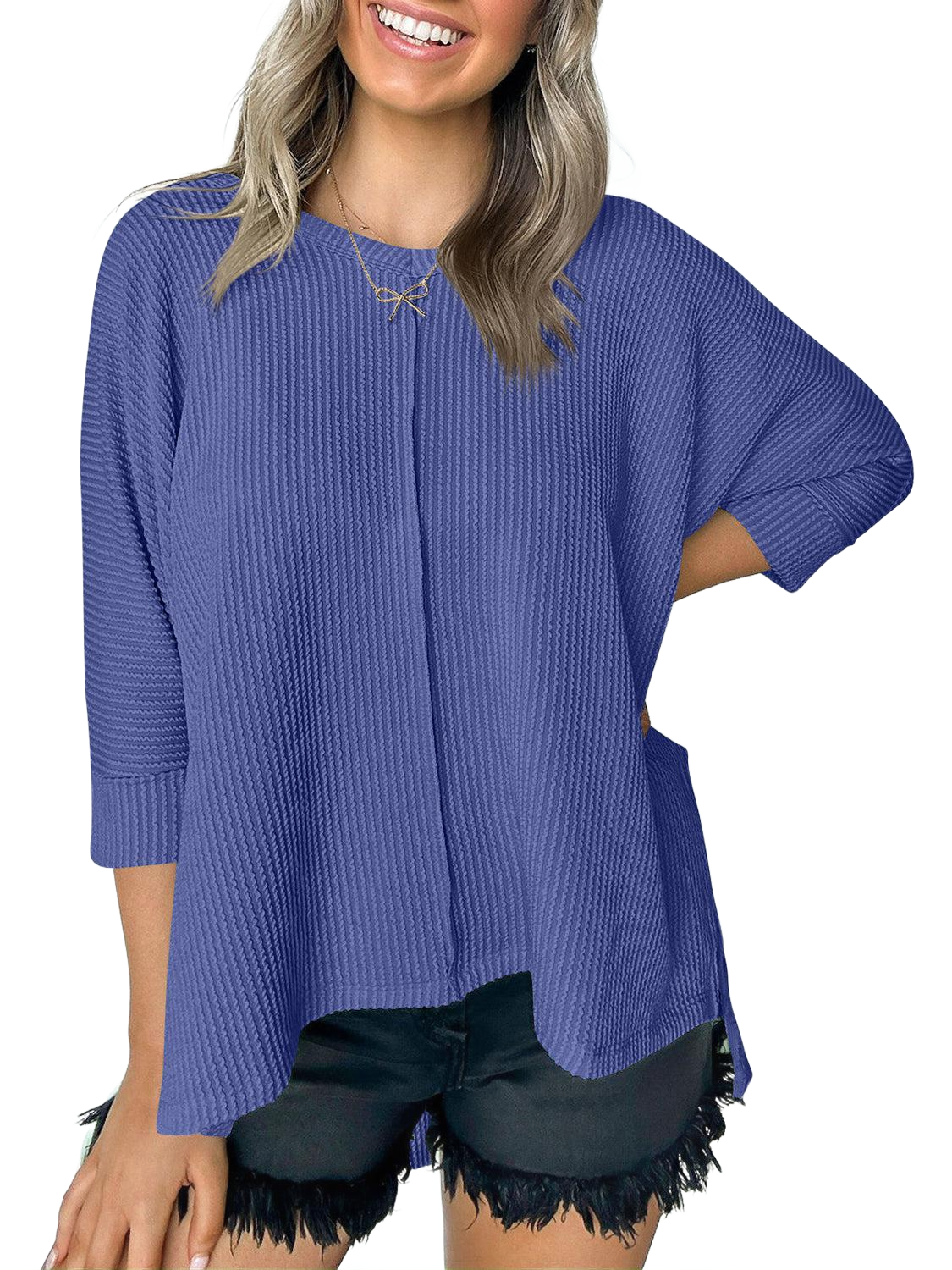 Textured Round Neck Three-Quarter Sleeve Blouse