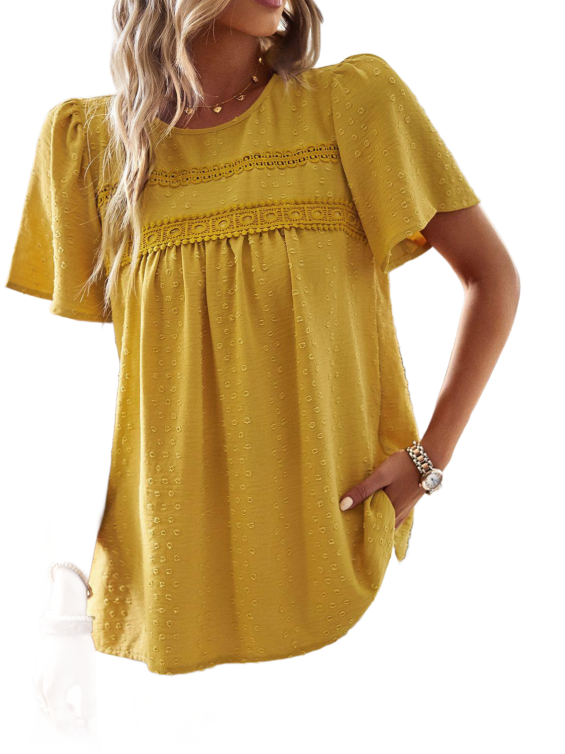 Lace Detail Round Neck Short Sleeve Blouse