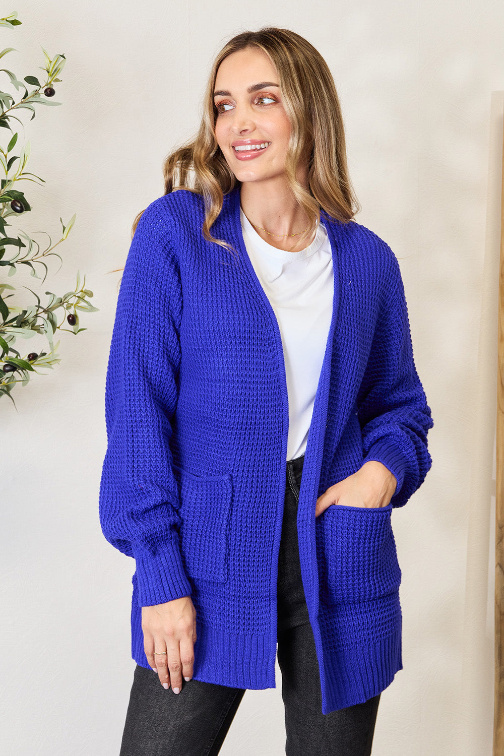 Full Size Waffle-Knit Open Front Cardigan