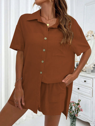 Button Up Half Sleeve Top and Shorts Set