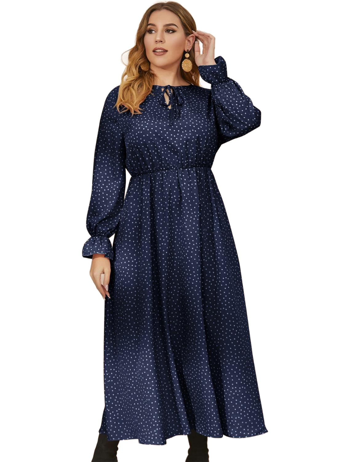 Plus Size Ruffled Polka Dot Long Sleeve Midi Dress