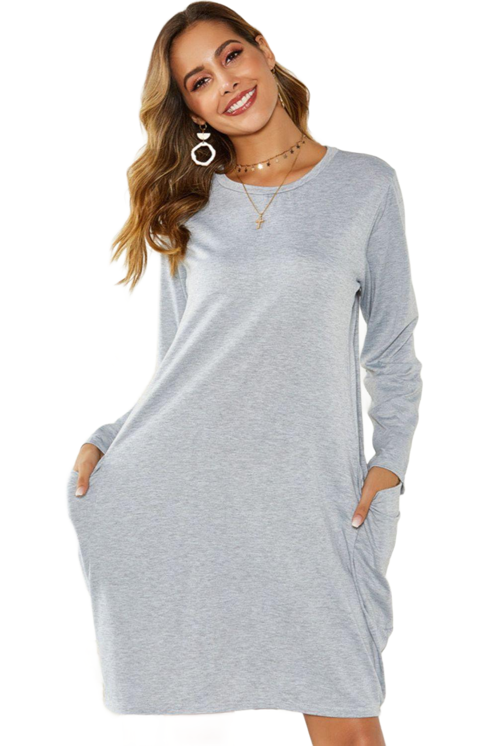 Pocketed Round Neck Long Sleeve Dress