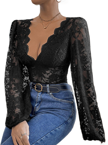 Lace Plunge Long Sleeve Bodysuit