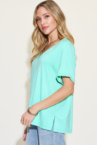 Full Size Slit V-Neck Short Sleeve T-Shirt