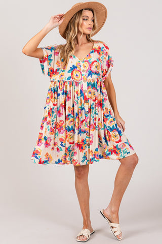 Full Size Floral Button-Down Short Sleeve Dress