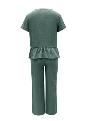 Peplus Round Neck Short Sleeve Top and Pants Set