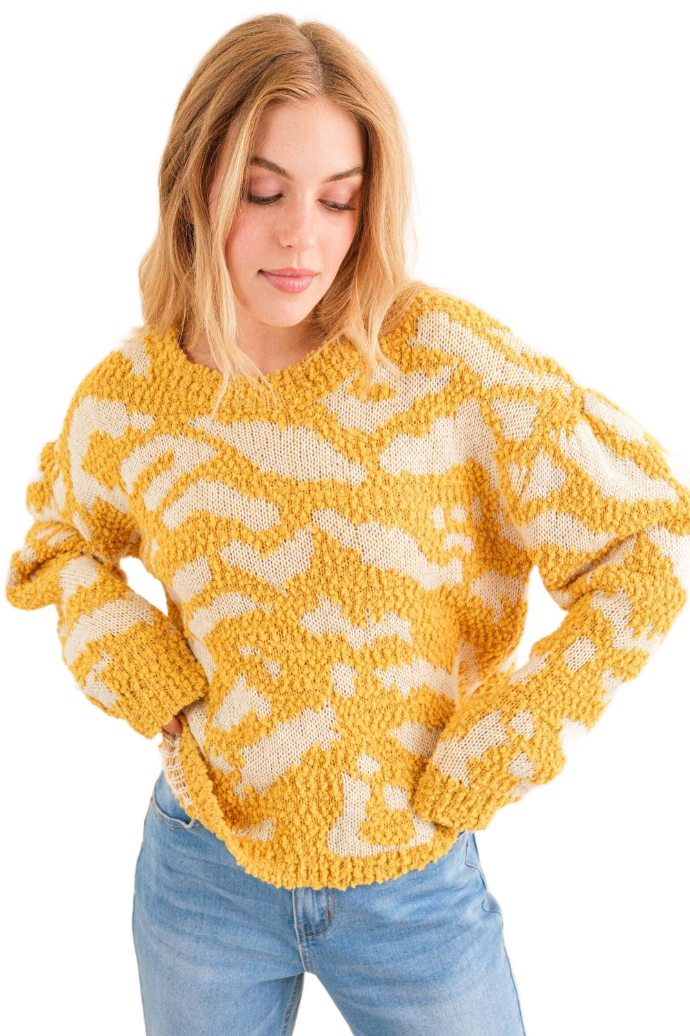 Full Size Textured Pattern Contrast Sweater