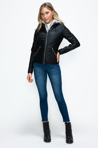 PMI Faux Layered Double-Zipper Jacket with Fuzzy Hood