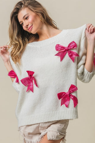 Sequin Bow Puff Sleeve Sweater