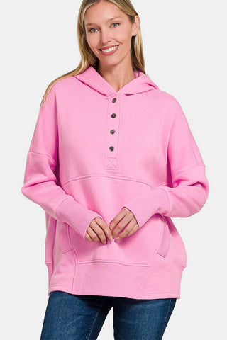 Banana Half Snap Long Sleeve Hoodie with Kangaroo Pocket