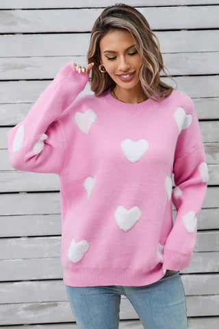 Heart Round Neck Long Sleeve Sweater