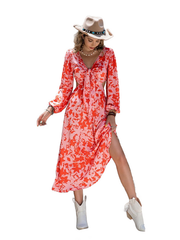 Tied Cutout Printed Long Sleeve Midi Dress