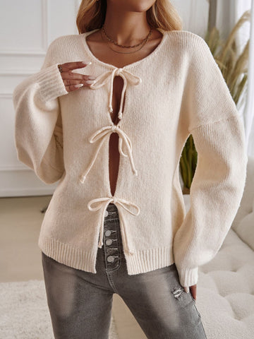 Tied Round Neck Dropped Shoulder Cardigan