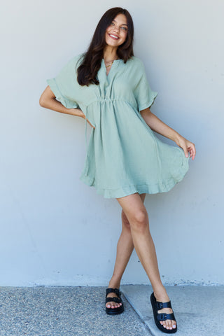 Full Size Ruffle Hem Dress with Drawstring Waistband in Light Sage