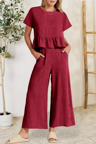 Peplus Round Neck Short Sleeve Top and Pants Set