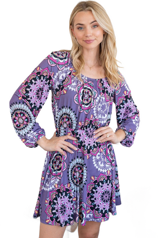 Printed Long Sleeve Mini Dress with Short Liner