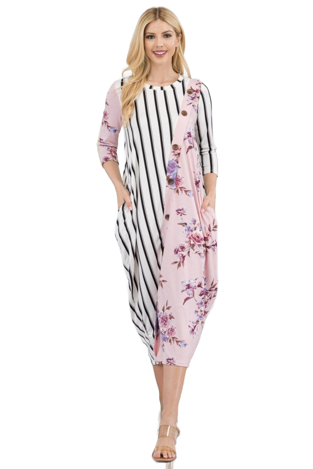 Full Size Floral Striped Contrast Midi-Dress with Pockets