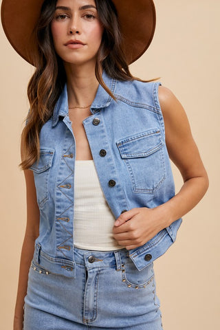 Collared Neck Button Down Denim Vest