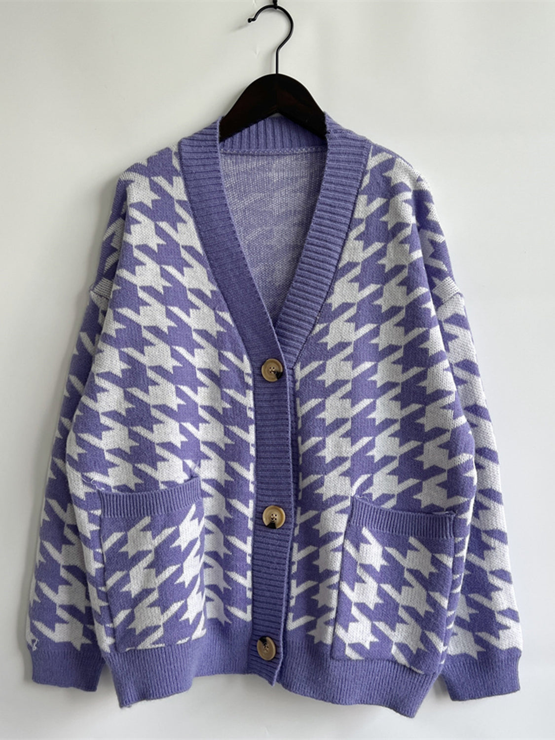 Hounds tooth Bottom Front  Cardigan with Pockets