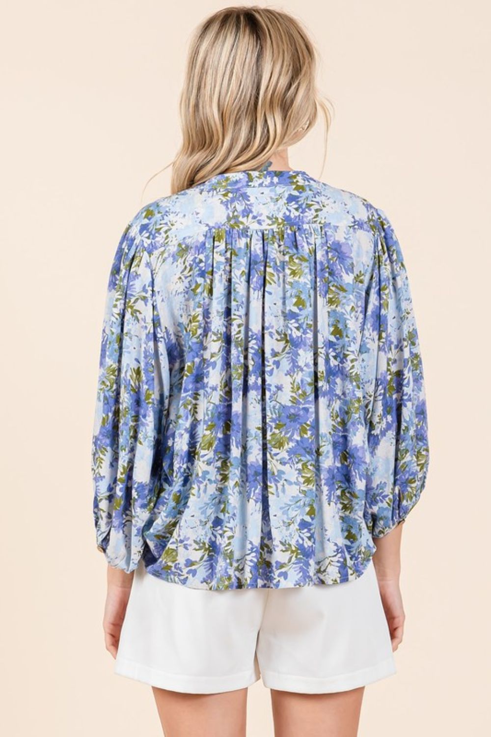 Flower Print Batting Sleeve Button Down Blouse