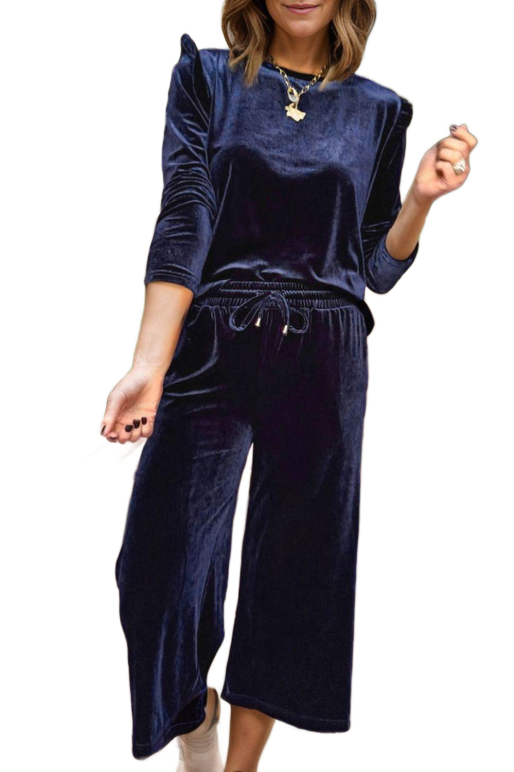 Velvet Round Neck Long Sleeve Top and Drawstring Pants Lounge Set