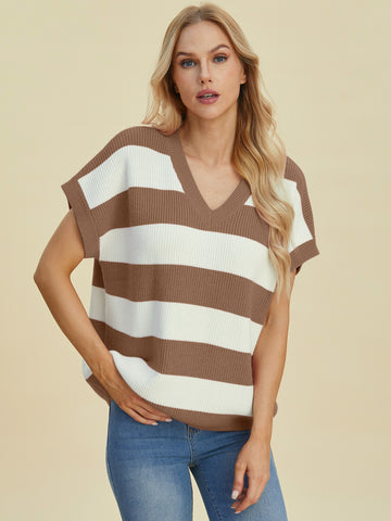 Full Size Striped V-Neck Short Sleeve Sweater