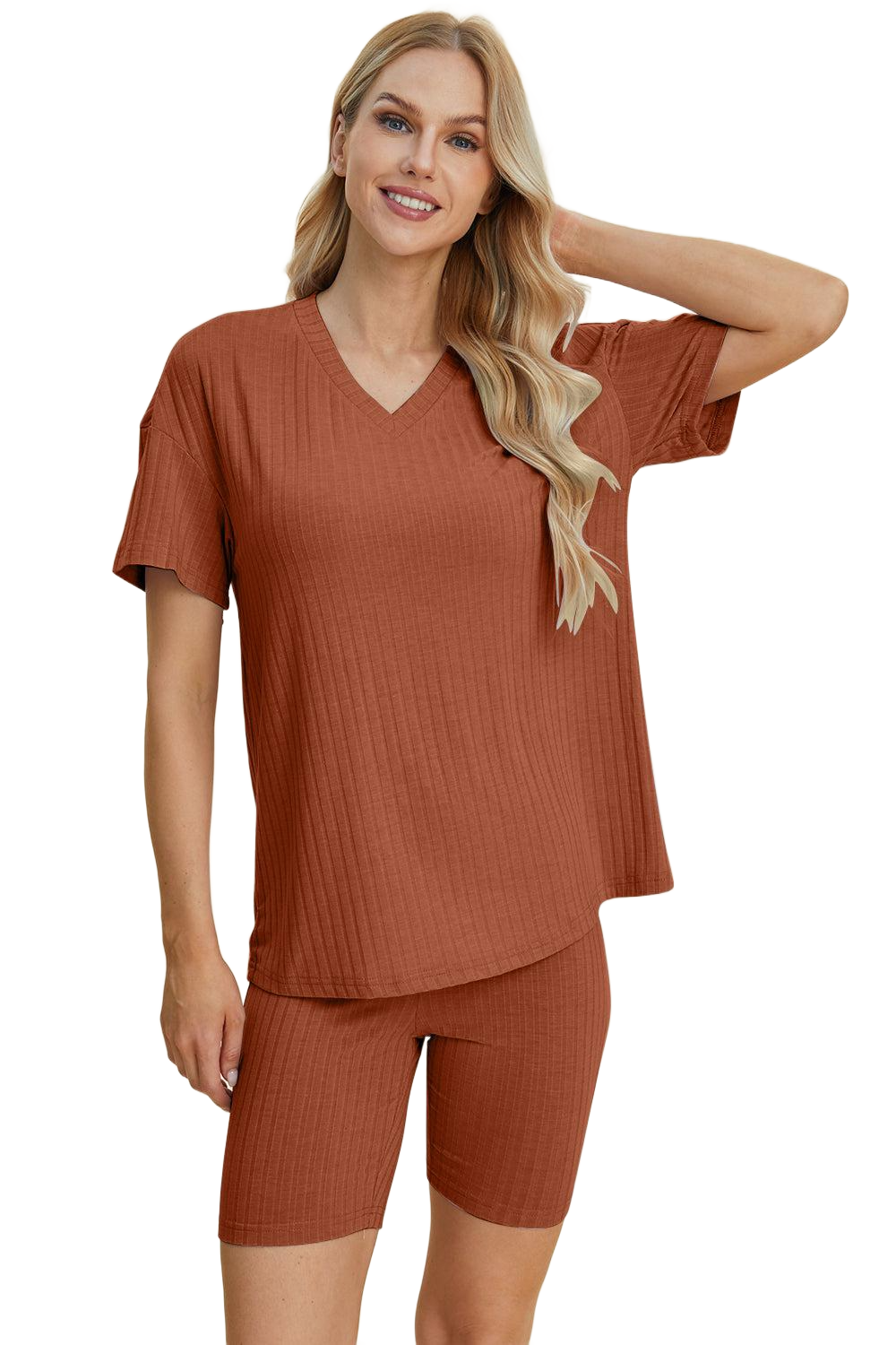 Full Size Ribbed V-Neck Short Sleeve Top and Shorts Set