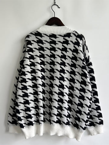 Hounds tooth Bottom Front  Cardigan with Pockets