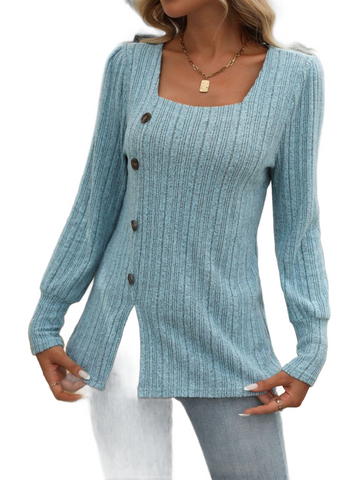 Decorative Button Striped Square Neck Long Sleeve T-Shirt