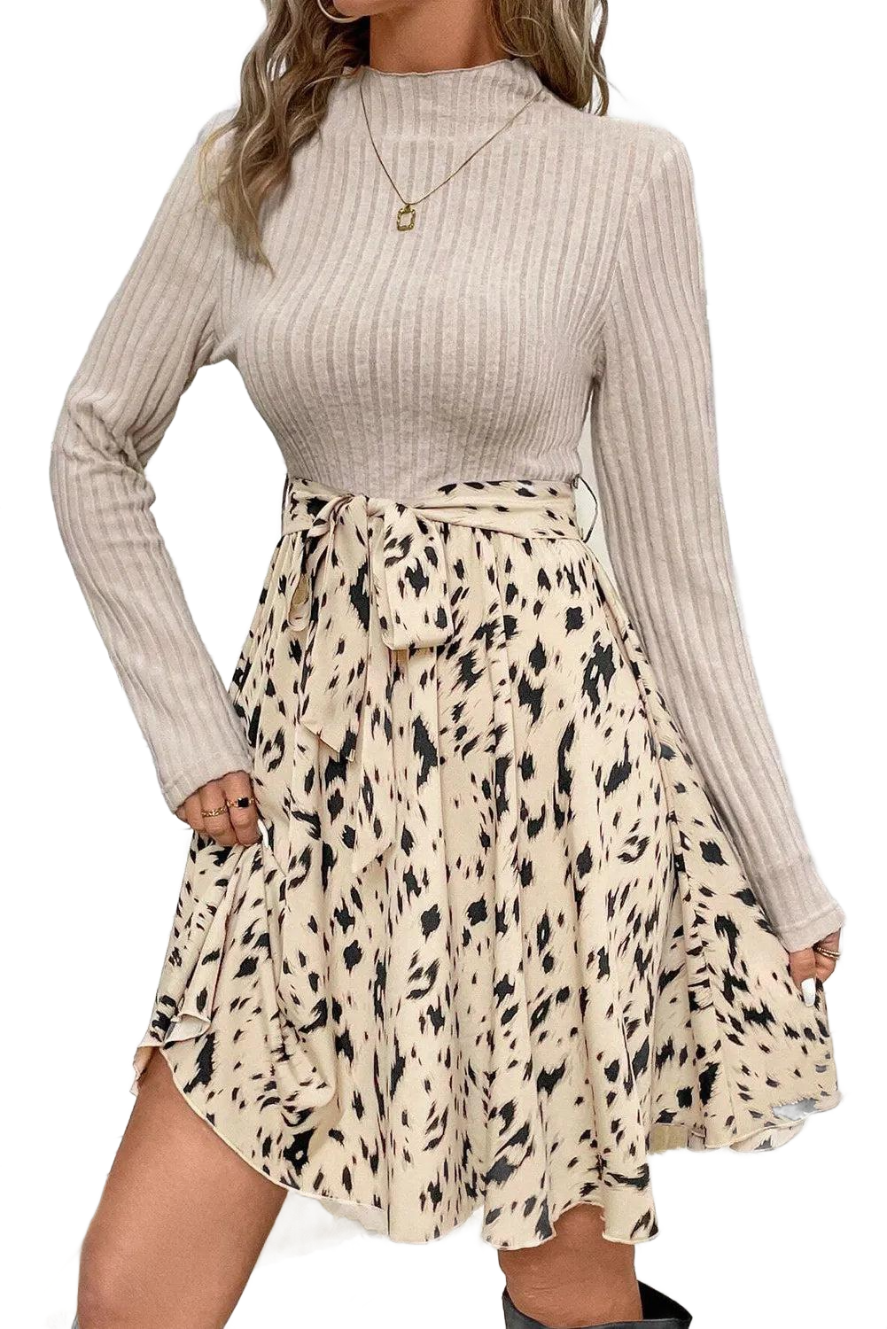 Tied Printed Mock Neck Long Sleeve Dress