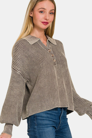 Washed Half Button Long Sleeve Sweater