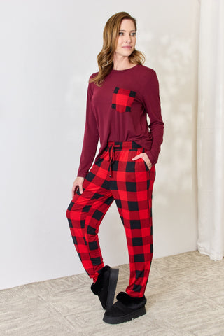 Full Size Plaid Round Neck Top and Pants Pajama Set