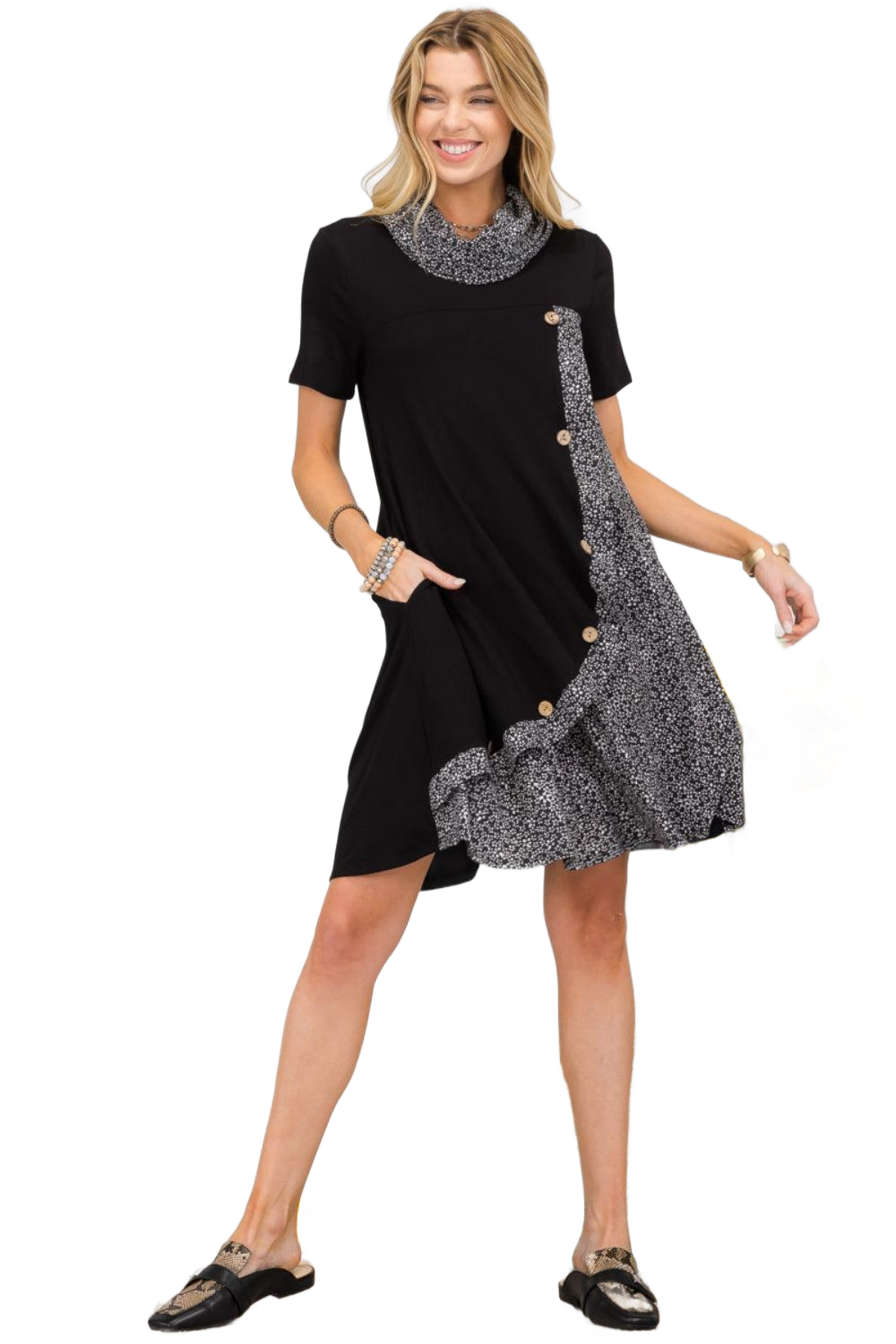 Full Size Decor Button Short Sleeve Dress with Pockets