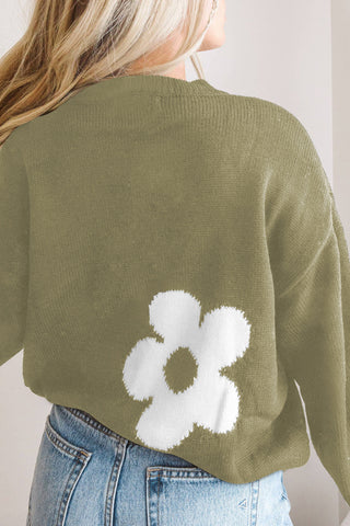 Round Neck Floral Pattern Color Contrast  Design Long Sleeve Sweater