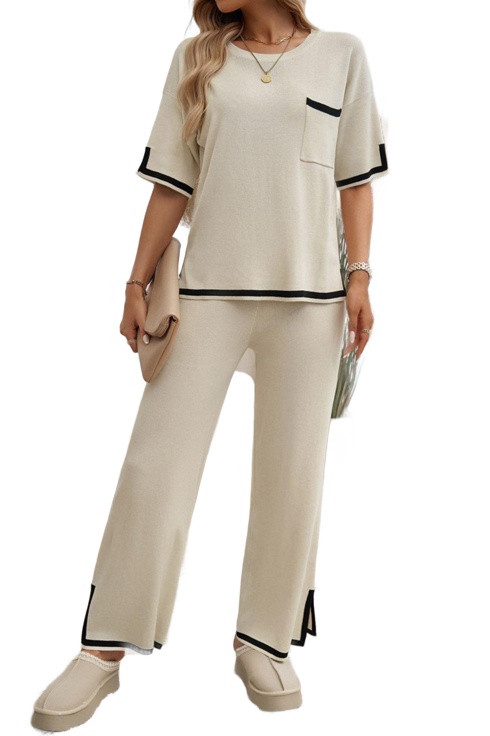 Contrast Trim Half Sleeve Top and Pants Set