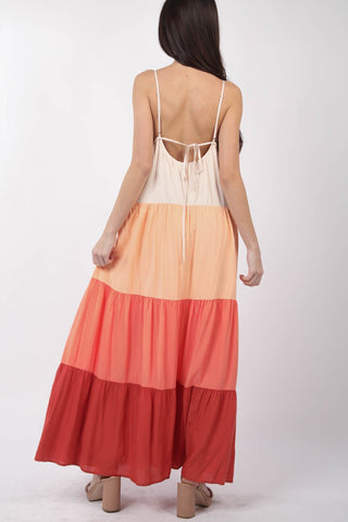 Color Block Tiered Maxi Came Dress