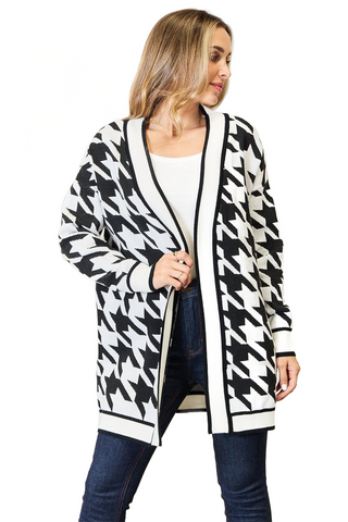 Woven Right Houndstooth Open Front Longline Cardigan