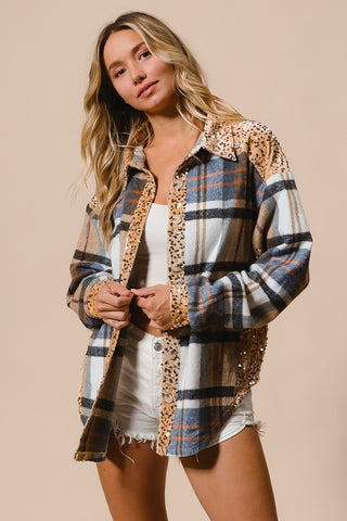 B Ibi Curved Hem Sequin Plaid Button Up Shocket