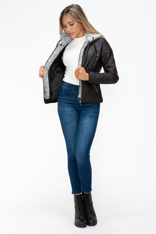 MI Faux Layered Double-Zipper Jacket with Fuzzy Hood