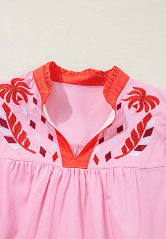 Embroidered Notched Short Sleeve Baby doll Blouse