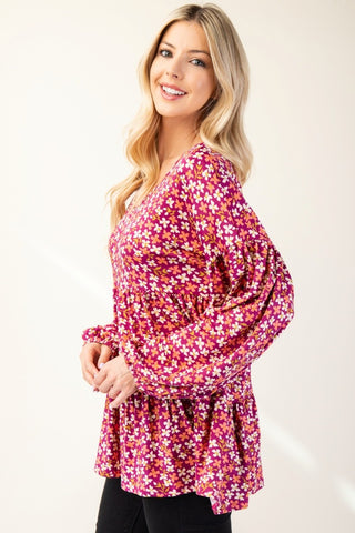 Celeste Full Size Floral V-Neck Balloon Sleeve Blouse