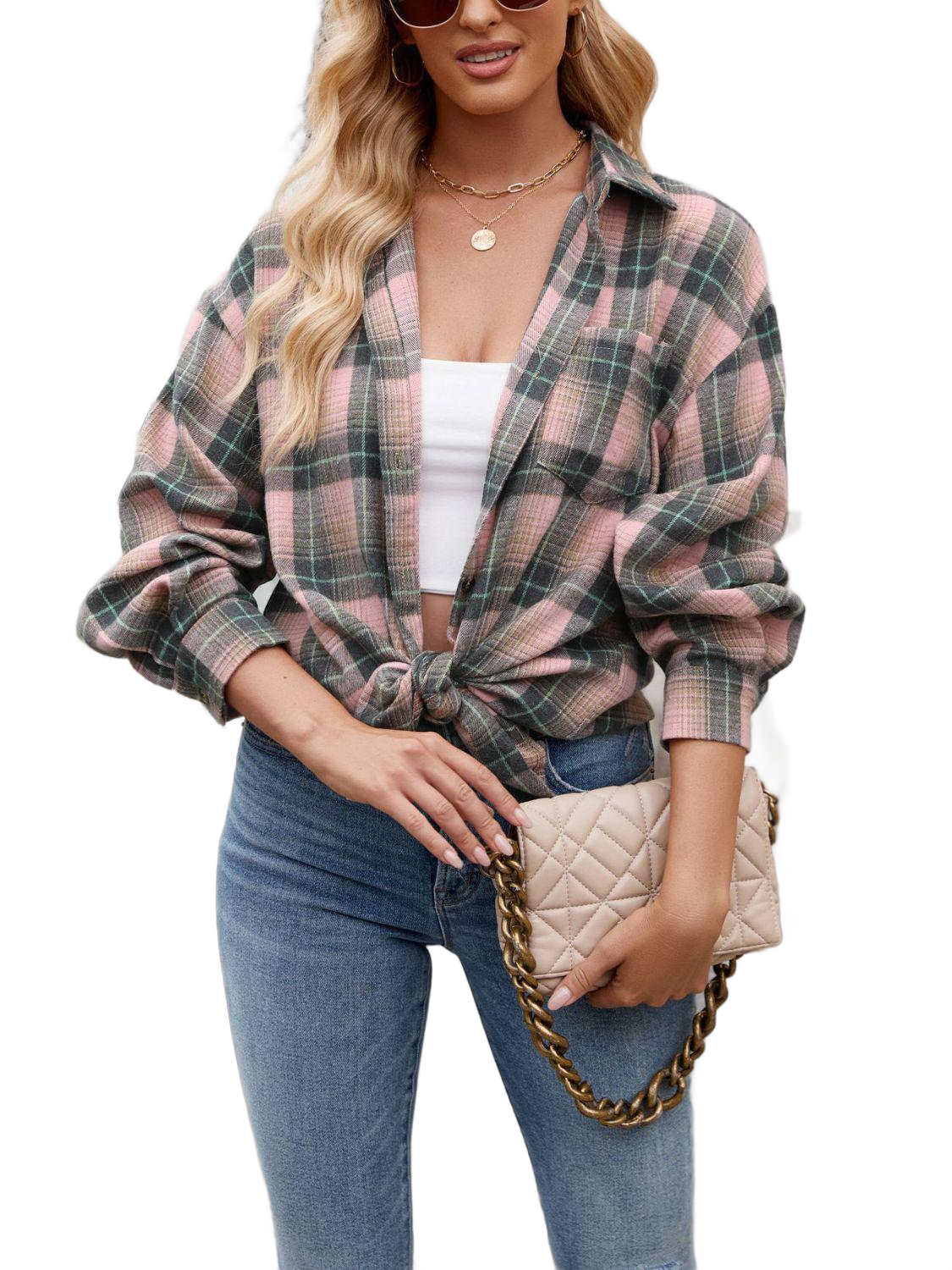 Plaid Collared Neck Long Sleeve Shirt