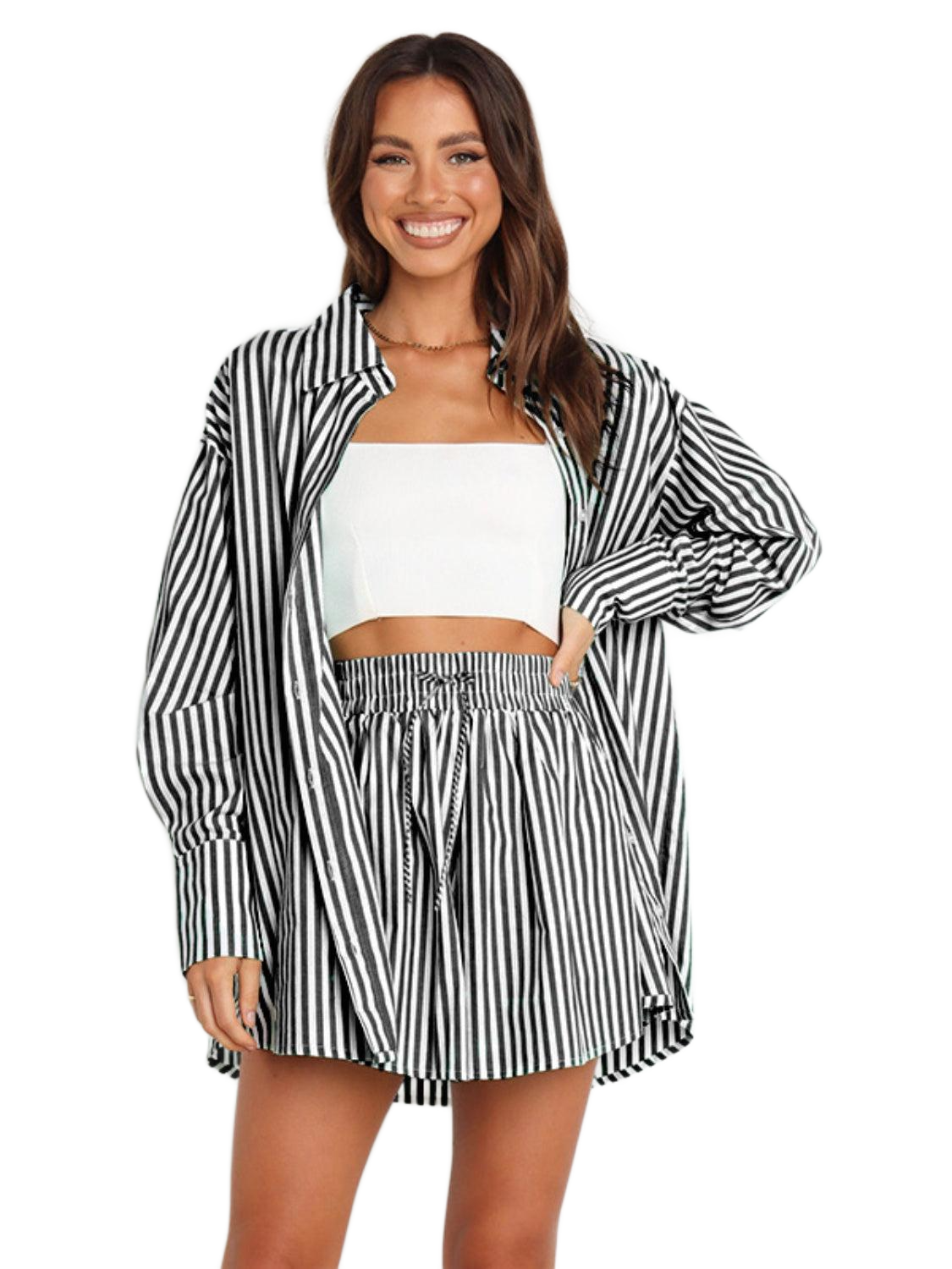 Striped Dropped Shoulder Shirt and Shorts Set