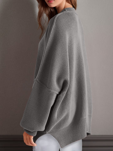 Side Slit Round Neck Long Sleeve Sweater