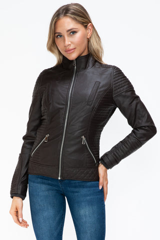 MI Faux Layered Double-Zipper Jacket with Fuzzy Hood