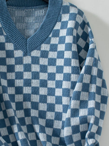 Checkered V-Neck Dropped Shoulder Sweater