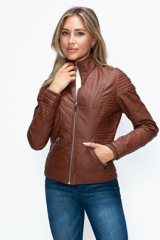 MI Faux Layered Double-Zipper Jacket with Fuzzy Hood