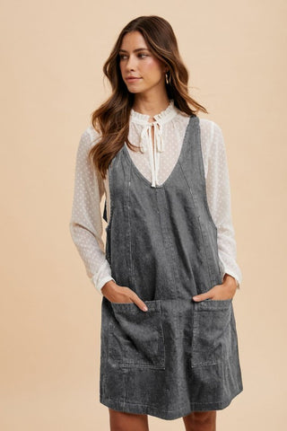 Wear V-Neck Adjustable Strap Denim Overall Dress with Pockets