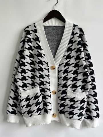 Hounds tooth Bottom Front  Cardigan with Pockets