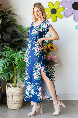 Full Size Floral Short Sleeve Slit Dress